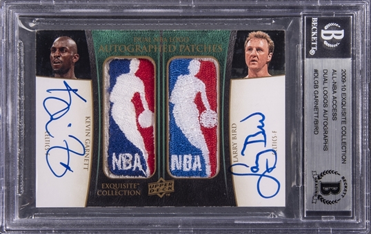 2009/10 UD "Exquisite Collection" All NBA Access "Dual Logoman Patch Autographs" #DLGB Larry Bird/Kevin Garnett Dual Signed Game Used Logoman Patch Card (#1/1) – BGS Authentic
